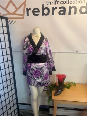 Purple Floral Satin Kimono Robe with Black Waist Sash